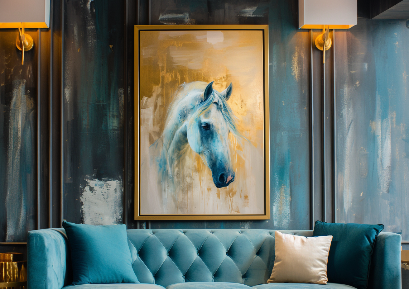 A Printable Copy of a Contemporary Horse Art, White Horse Painting, Abstract Equestrian Decor With Touch Of Gold