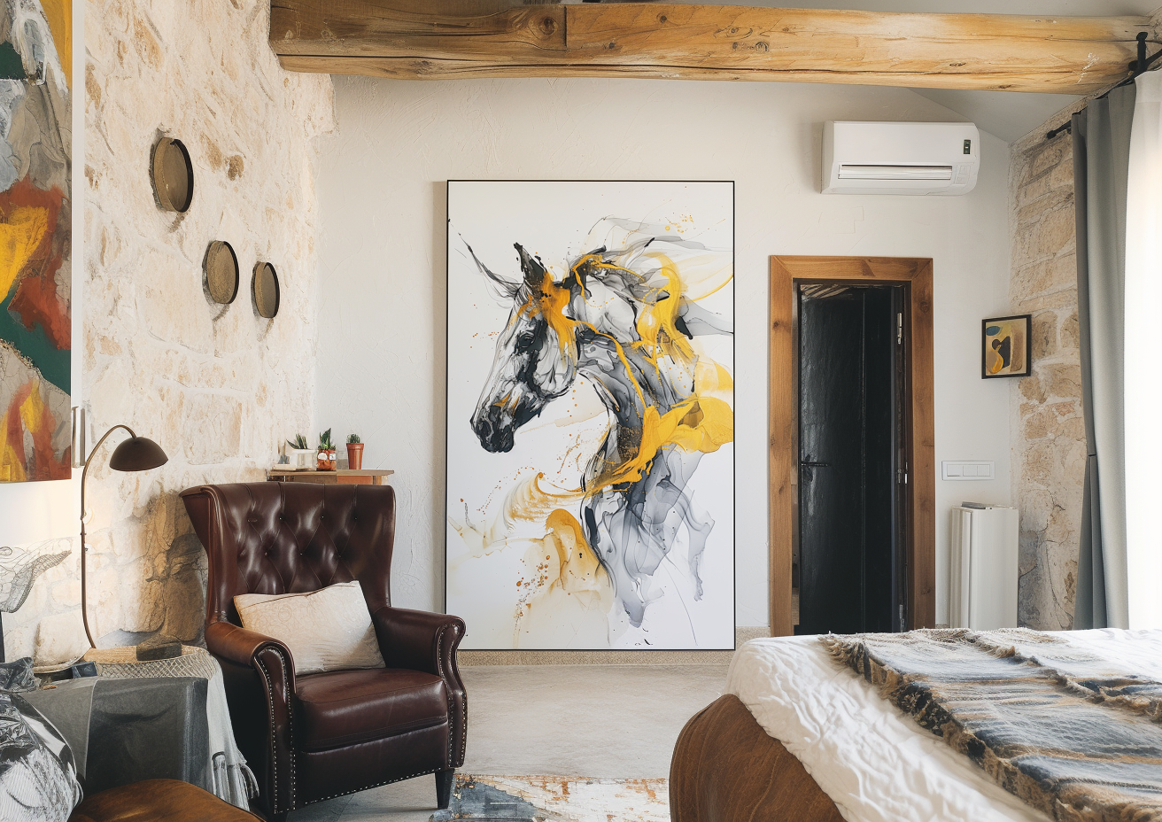 Abstract Horse Art in Alcohol Ink Style, Black And Grey With Yellow Accents, Expressionist Imagery, Modern Wall Decor, Unique Piece of Art