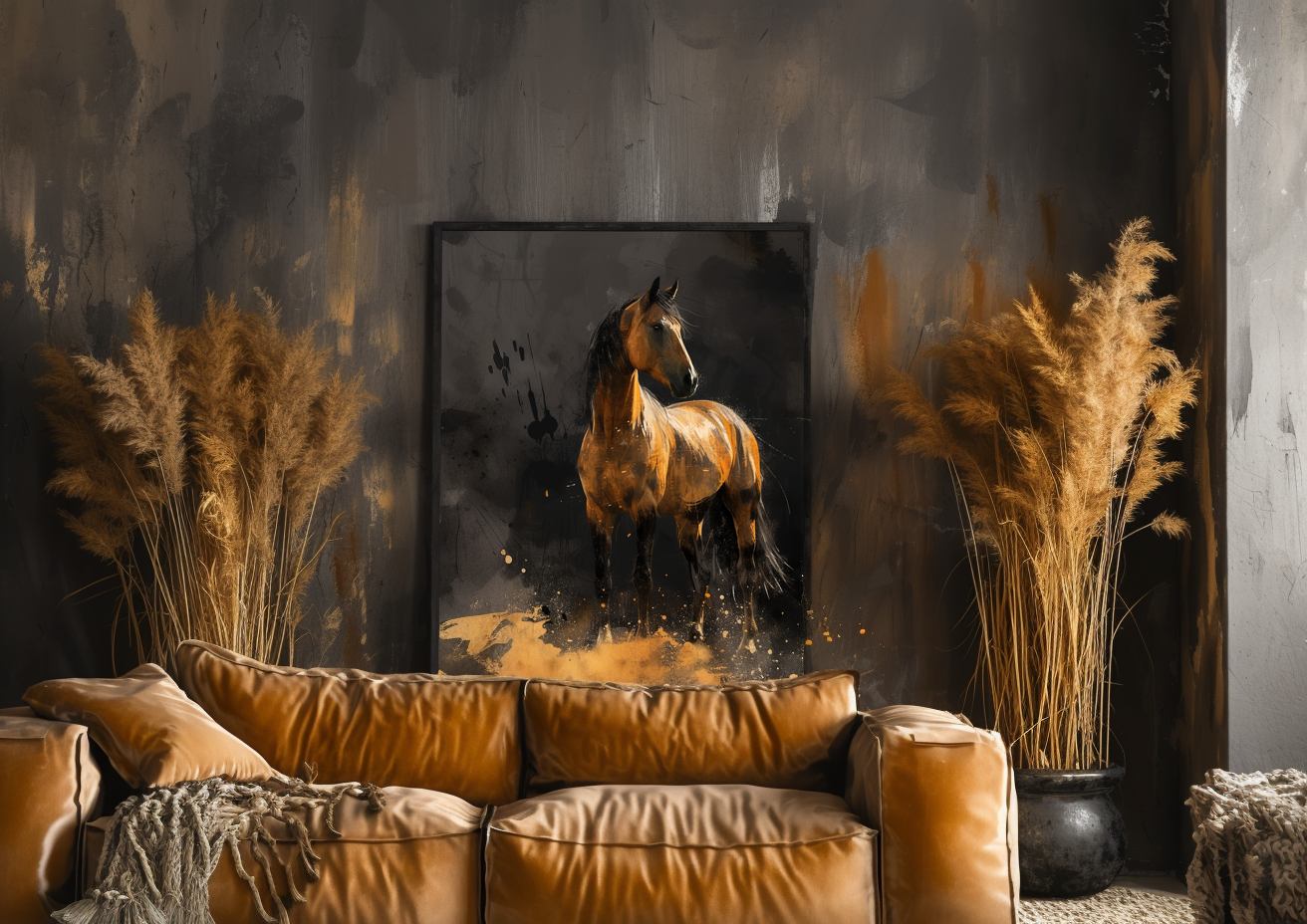 A printable Copy of a Golden Brown Horse, Abstract Painting, Black Background, Equestrian Decor