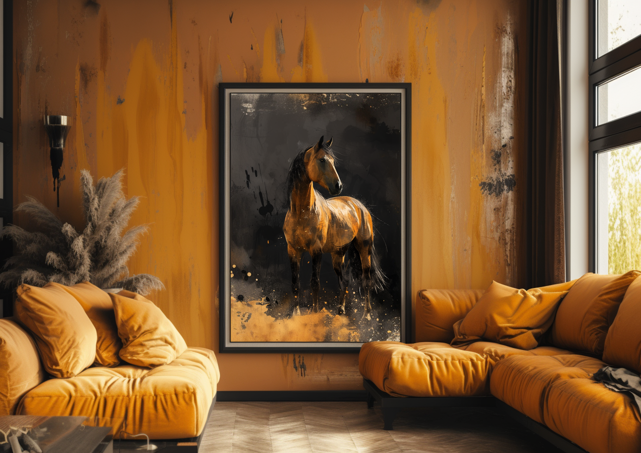 A printable Copy of a Golden Brown Horse, Abstract Painting, Black Background, Equestrian Decor