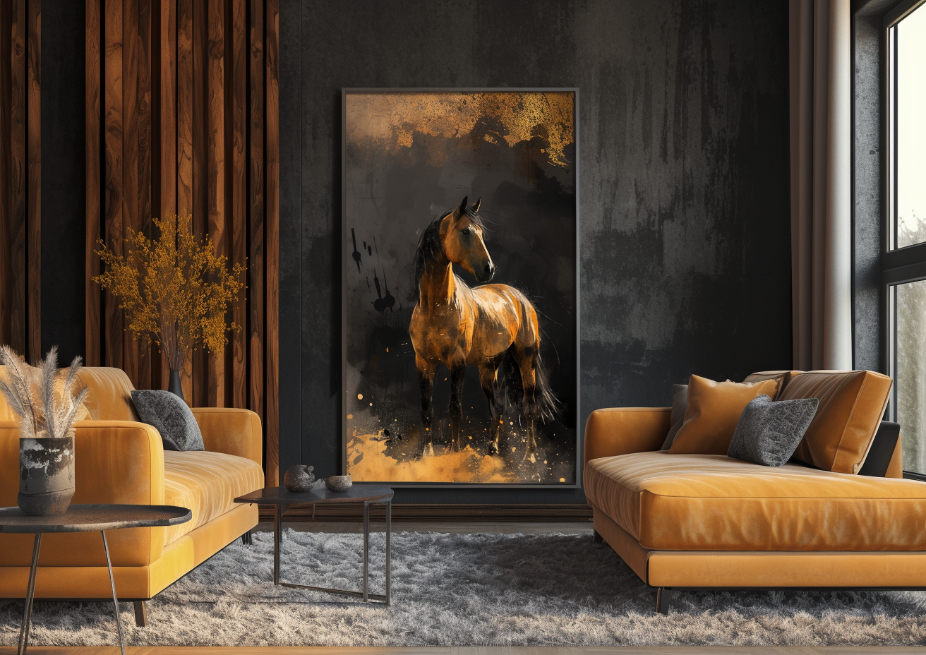 A printable Copy of a Golden Brown Horse, Abstract Painting, Black Background, Equestrian Decor