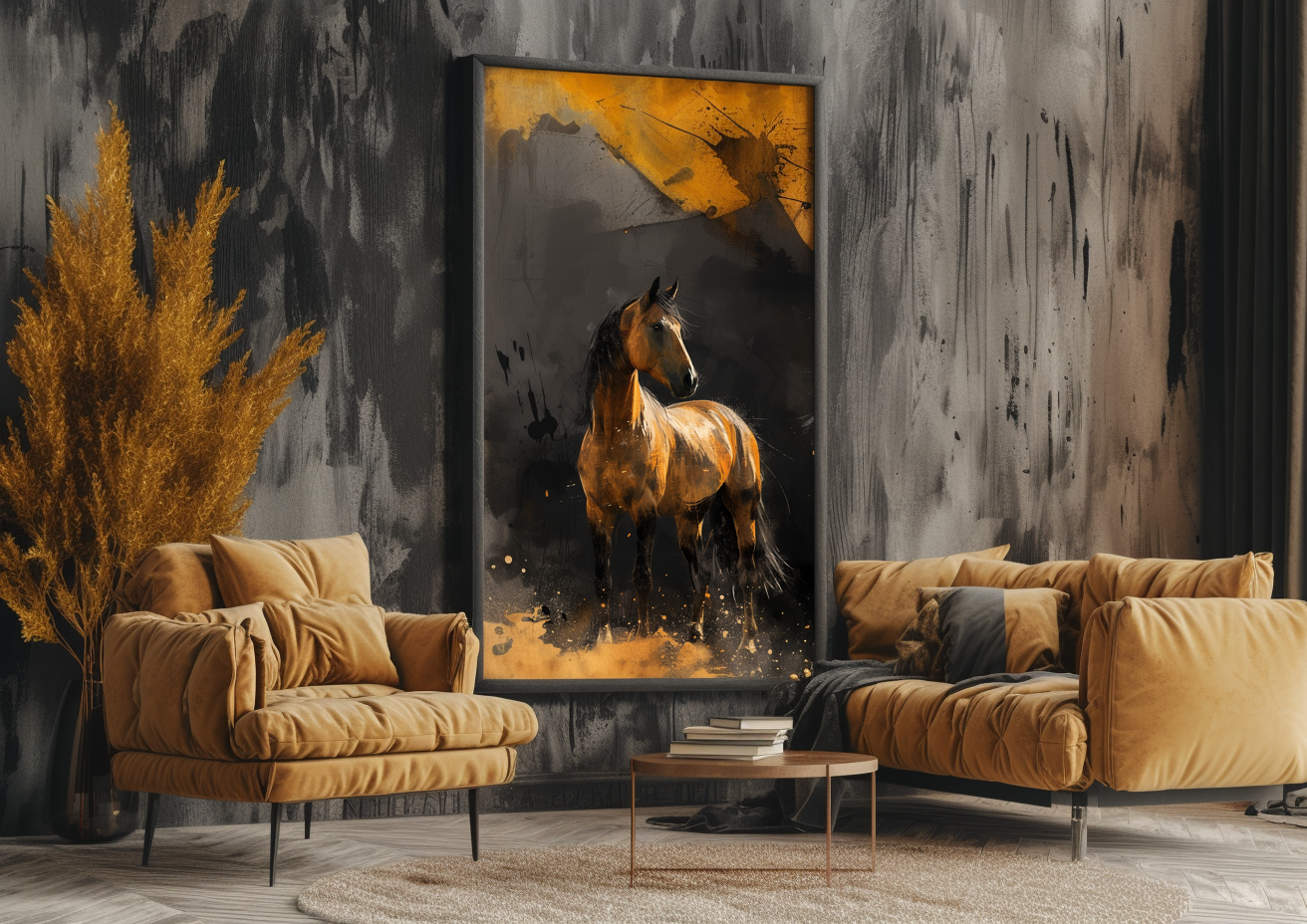 A printable Copy of a Golden Brown Horse, Abstract Painting, Black Background, Equestrian Decor