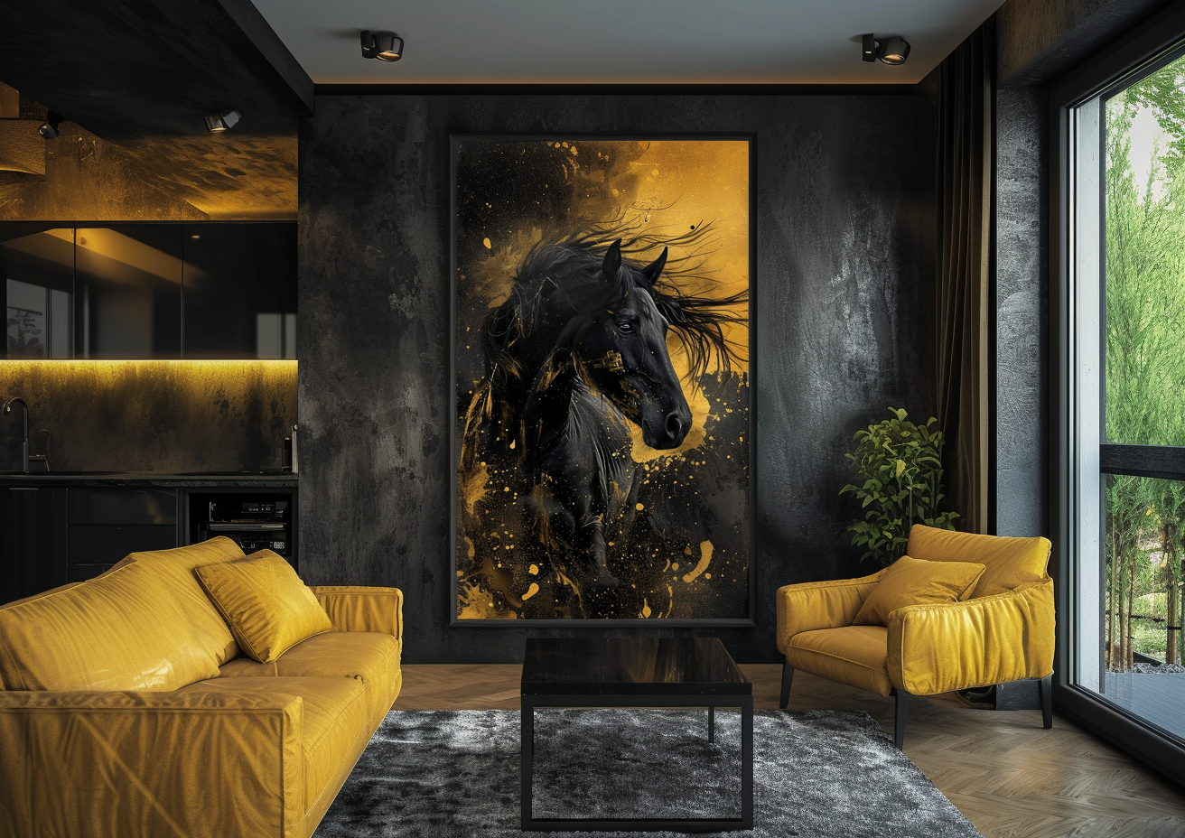 A Printable Copy of a Black Horse Painting, Sculpted Beauty,  Liquid gold,  Equine Wall Decor, Equestrian Gift