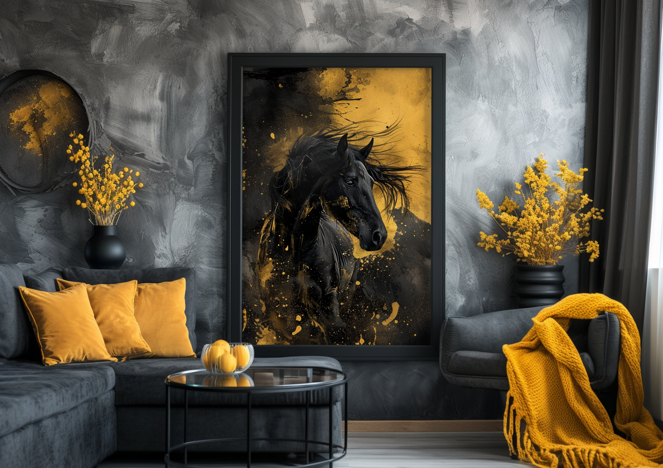 A Printable Copy of a Black Horse Painting, Sculpted Beauty,  Liquid gold,  Equine Wall Decor, Equestrian Gift