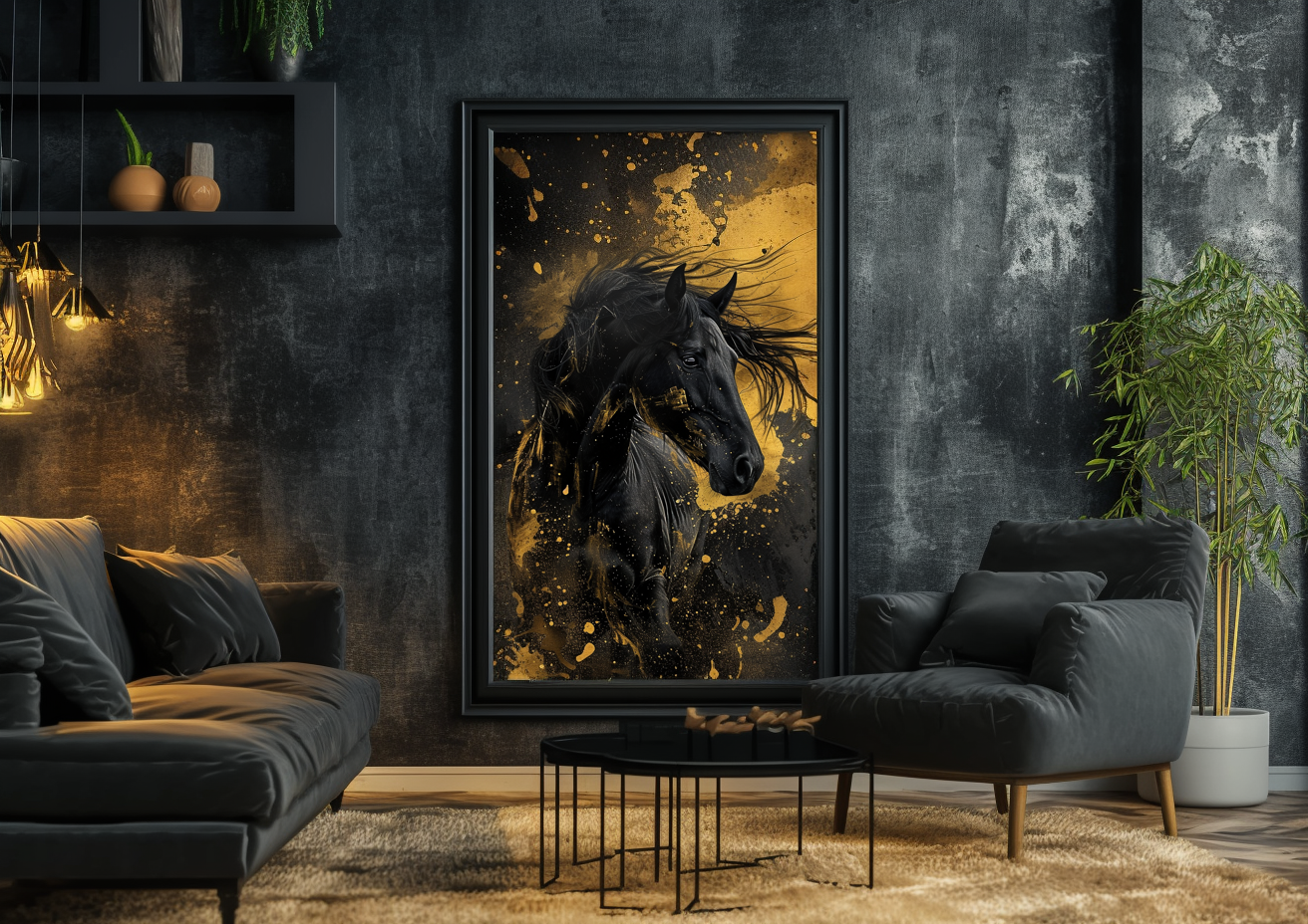 A Printable Copy of a Black Horse Painting, Sculpted Beauty,  Liquid gold,  Equine Wall Decor, Equestrian Gift