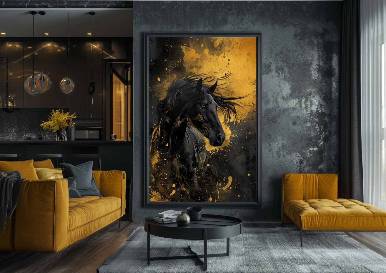 A Printable Copy of a Black Horse Painting, Sculpted Beauty,  Liquid gold,  Equine Wall Decor, Equestrian Gift