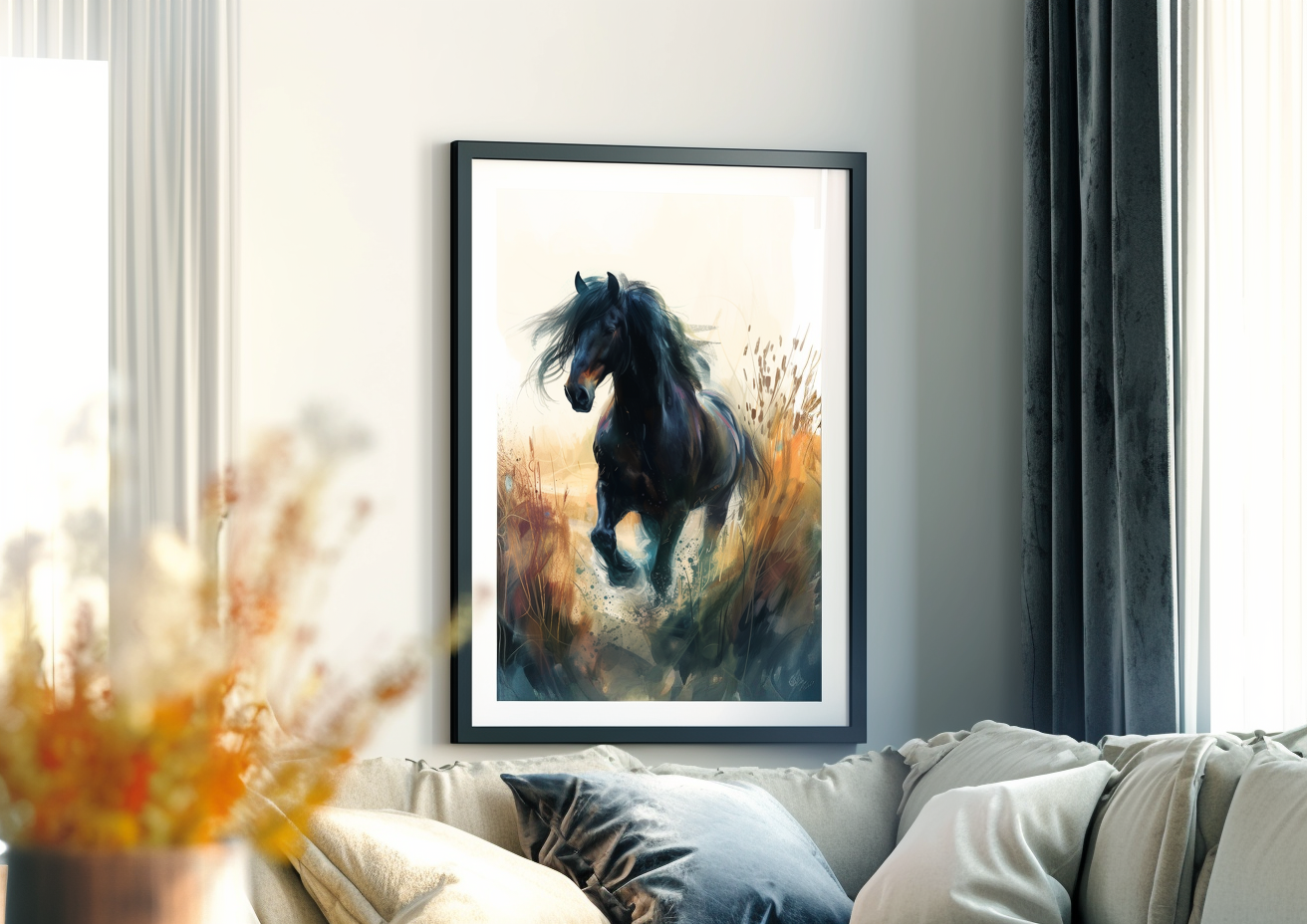 A Printable copy of a Horse in Grass Field Abstract Painting, Watercolor Art, Equestrian Wall Art