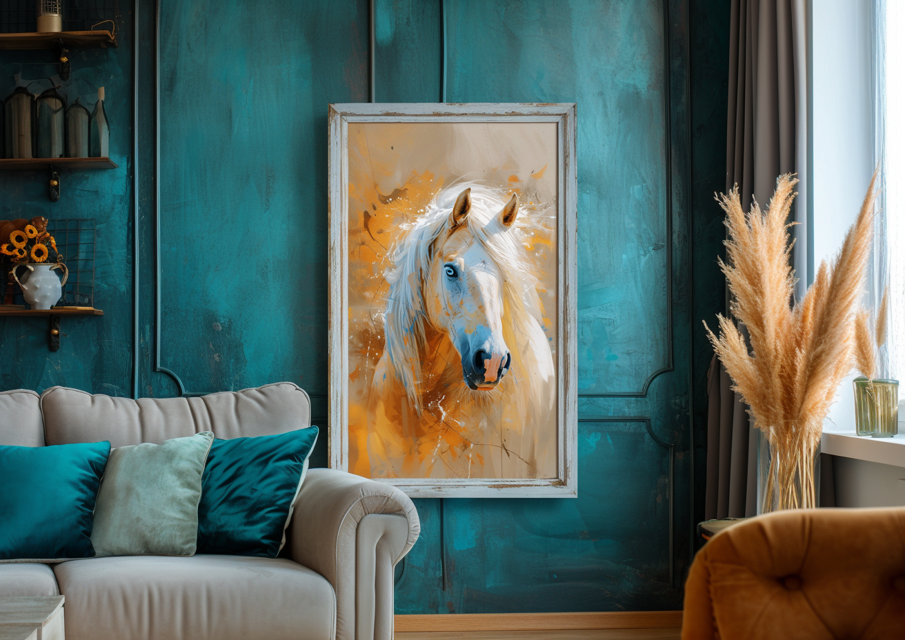 A Printable Copy of Vibrant Contemporary Horse Painting, Abstract Artwork, Blue Eyed Palomino Horse, Wall Decor, Colorful Equestrian Gift