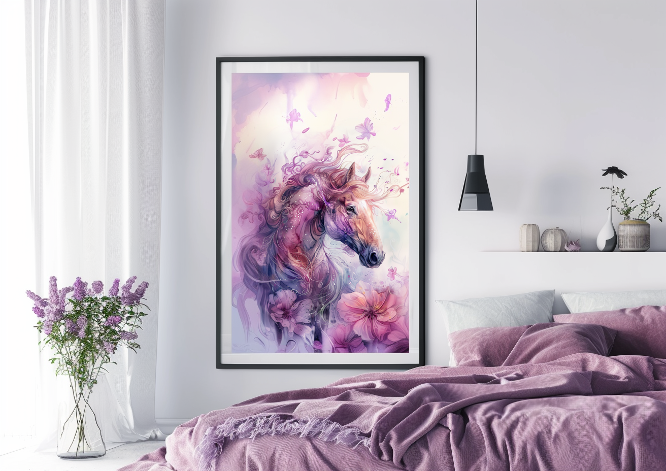 A Printable Copy of a Contemporary Horse Art, Abstract Equestrian Decor With a Touch of Spring Flower Blossom