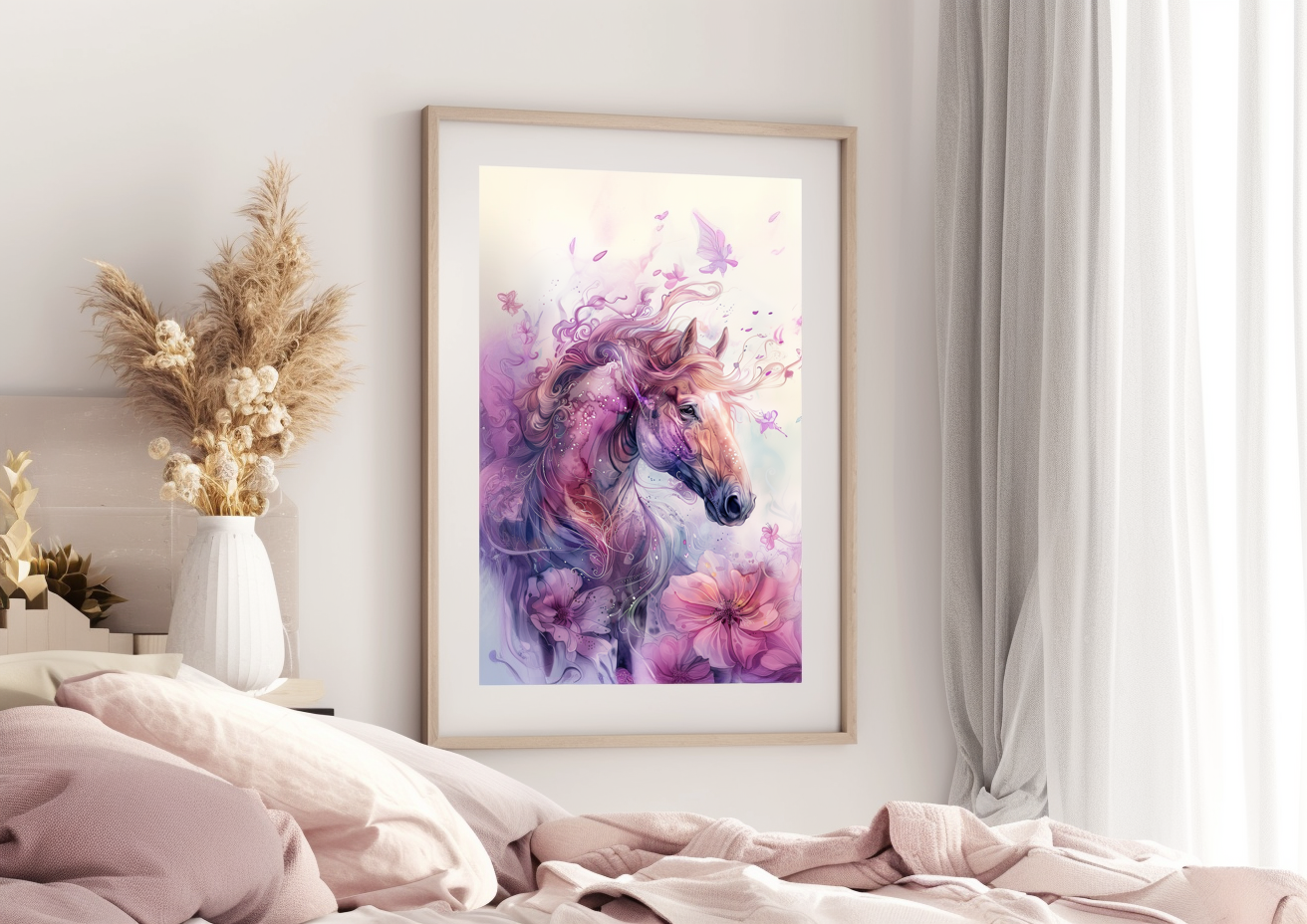 A Printable Copy of a Contemporary Horse Art, Abstract Equestrian Decor With a Touch of Spring Flower Blossom