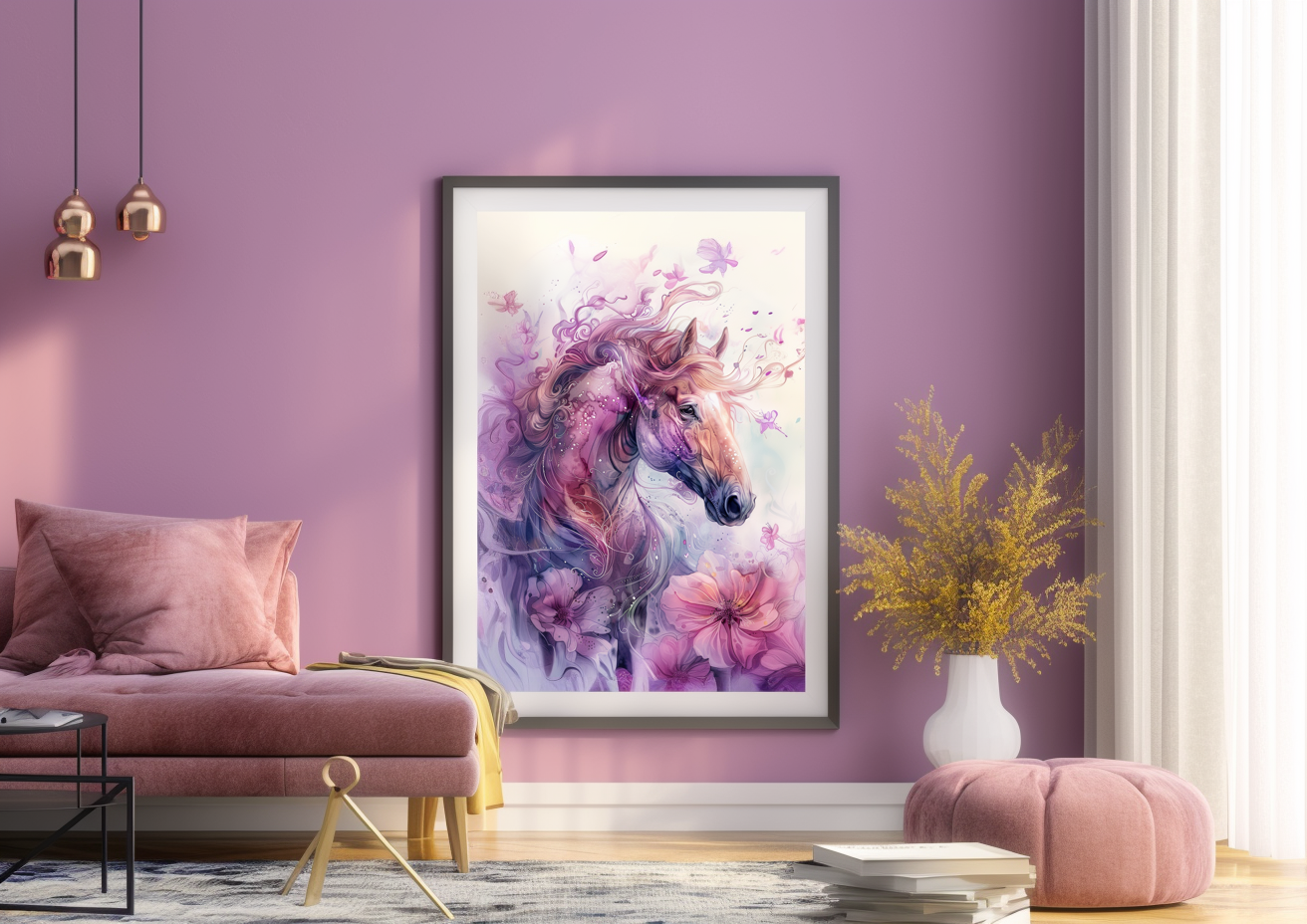 A Printable Copy of a Contemporary Horse Art, Abstract Equestrian Decor With a Touch of Spring Flower Blossom