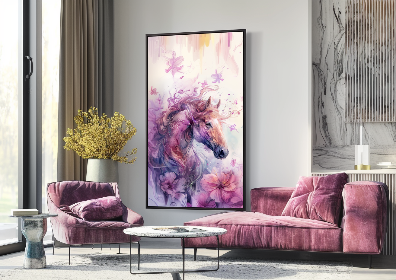 A Printable Copy of a Contemporary Horse Art, Abstract Equestrian Decor With a Touch of Spring Flower Blossom