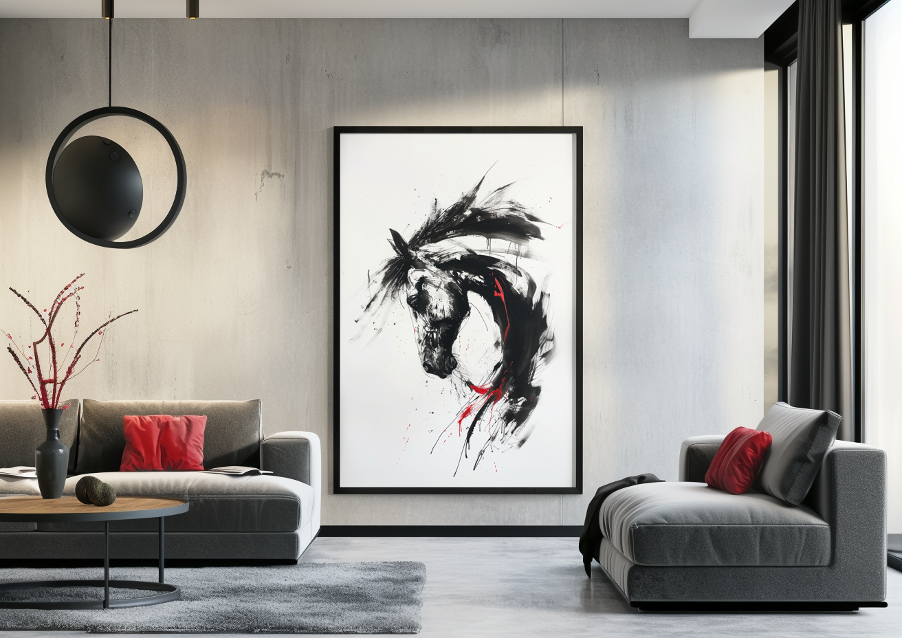 A printable Copy of Modern Horse Art with Abstract Flair, Bold Brush Strokes, Red Traces, Contemporary Equine Painting, Art Lover Gift