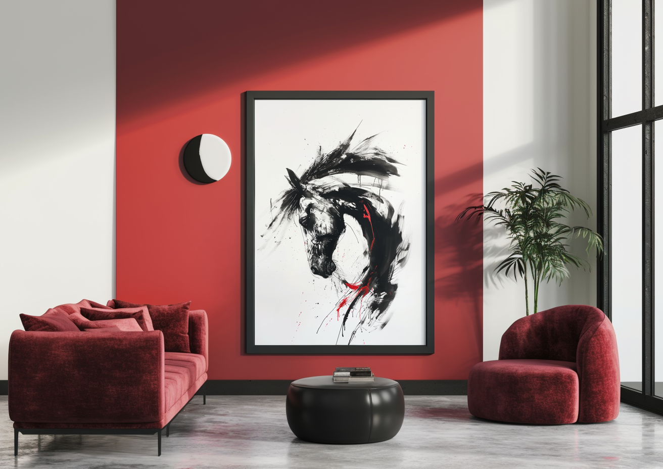 A printable Copy of Modern Horse Art with Abstract Flair, Bold Brush Strokes, Red Traces, Contemporary Equine Painting, Art Lover Gift