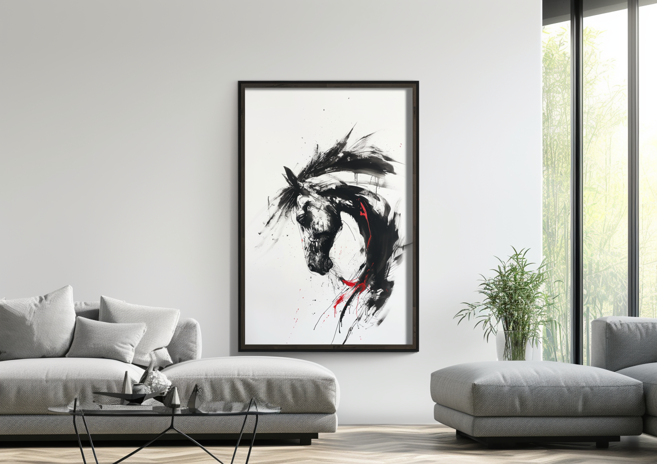 A printable Copy of Modern Horse Art with Abstract Flair, Bold Brush Strokes, Red Traces, Contemporary Equine Painting, Art Lover Gift