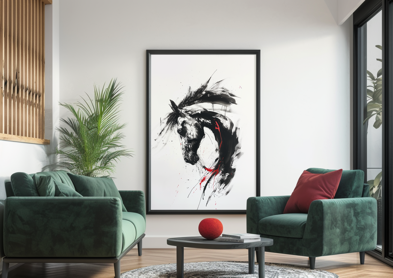 A printable Copy of Modern Horse Art with Abstract Flair, Bold Brush Strokes, Red Traces, Contemporary Equine Painting, Art Lover Gift