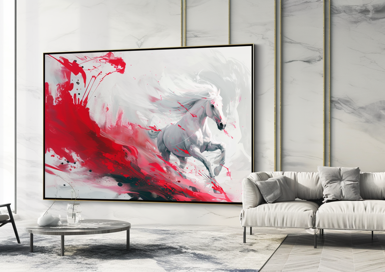 A Printable Copy of a White Horse Painting, Abstract Horse Art, Splash of Colors, Equestrian Decor, Fine Art