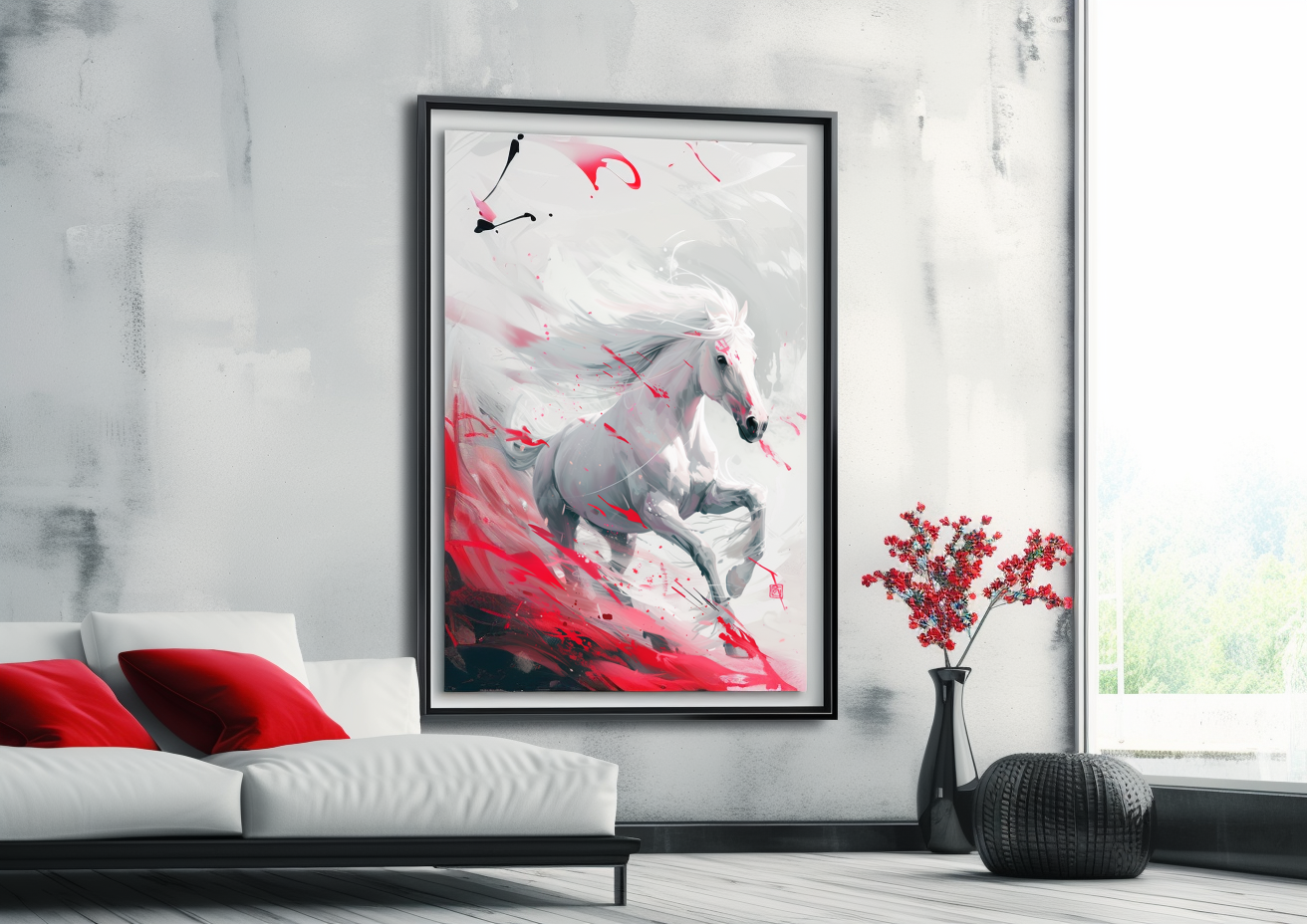 A Printable Copy of a White Horse Painting, Abstract Horse Art, Splash of Colors, Equestrian Decor, Fine Art