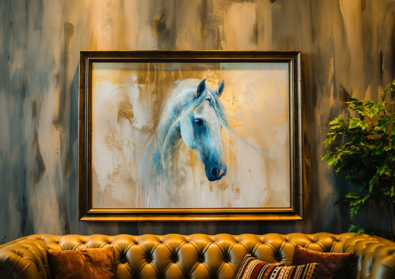 A Printable Copy of a Contemporary Horse Art, White Horse Painting, Abstract Equestrian Decor With Touch Of Gold