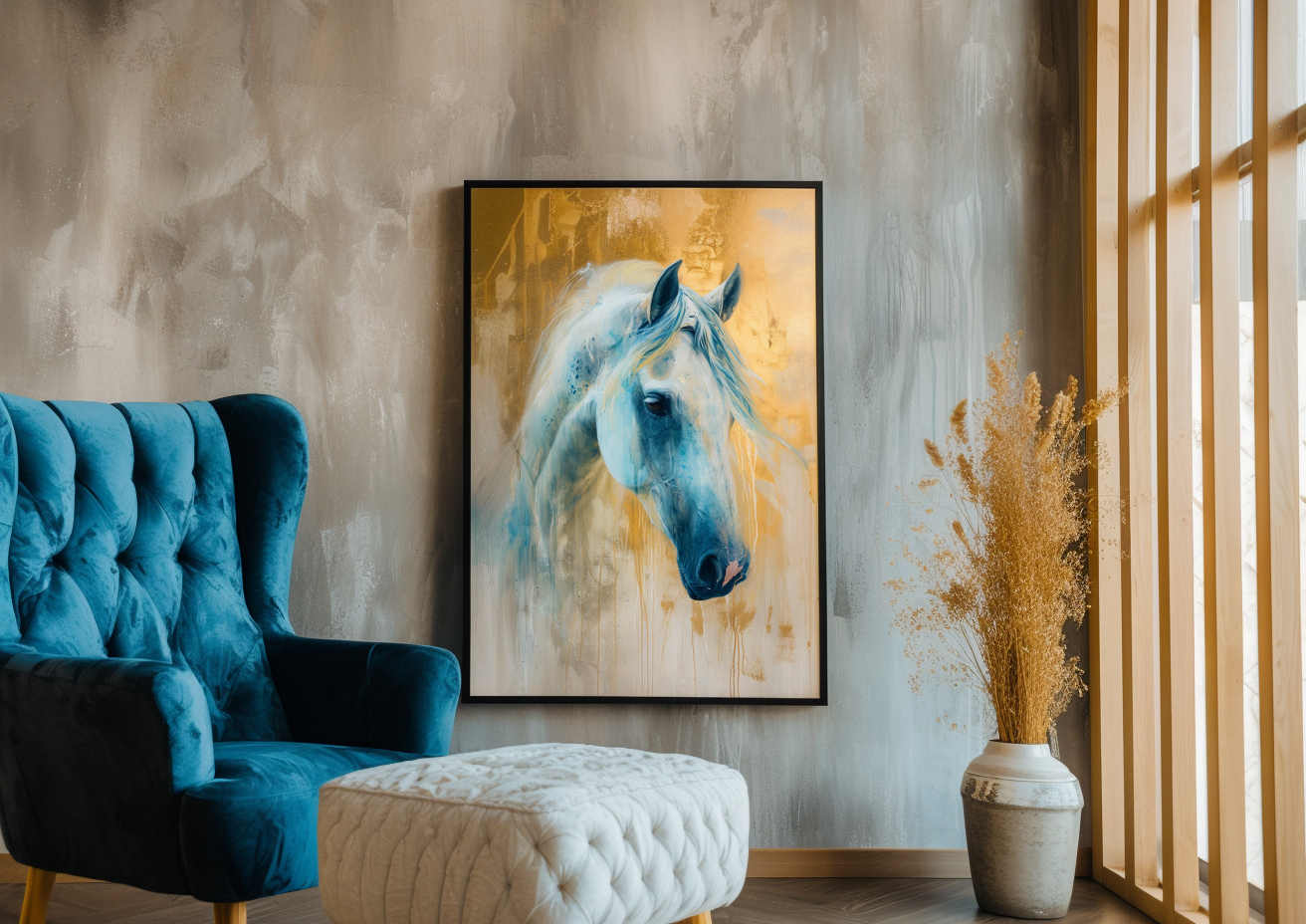 A Printable Copy of a Contemporary Horse Art, White Horse Painting, Abstract Equestrian Decor With Touch Of Gold