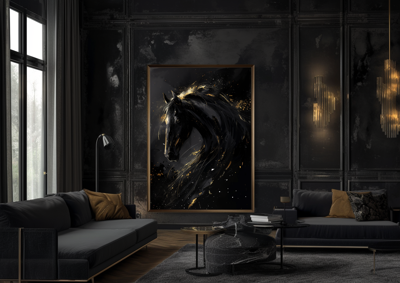 A Printable Copy of a Black Horse Painting with Liquid Gold Accents, Abstract Art, Equestrian Wall Decor, Black and Gold, Unique Artwork