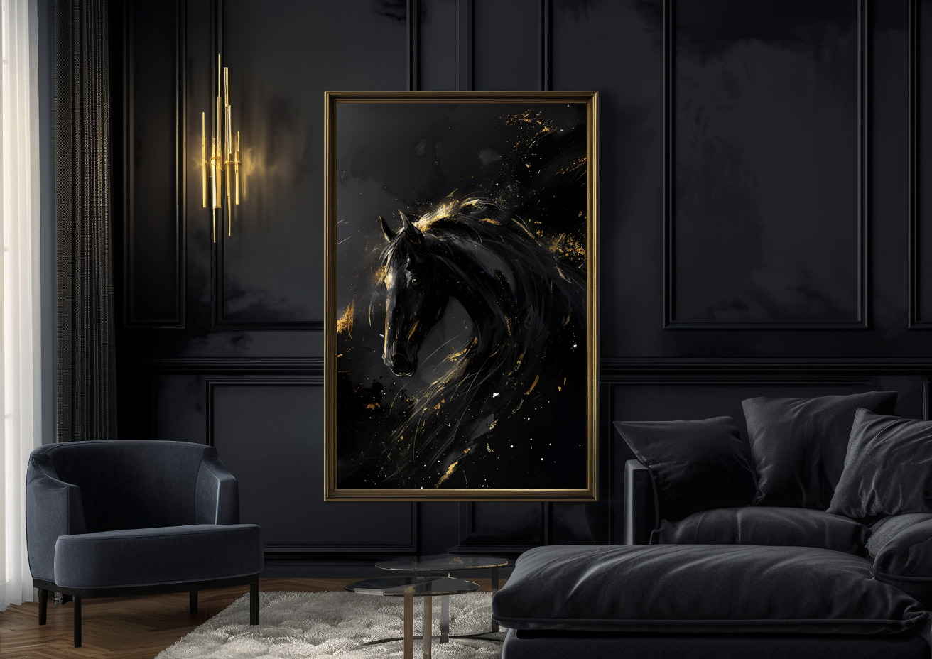 A Printable Copy of a Black Horse Painting with Liquid Gold Accents, Abstract Art, Equestrian Wall Decor, Black and Gold, Unique Artwork