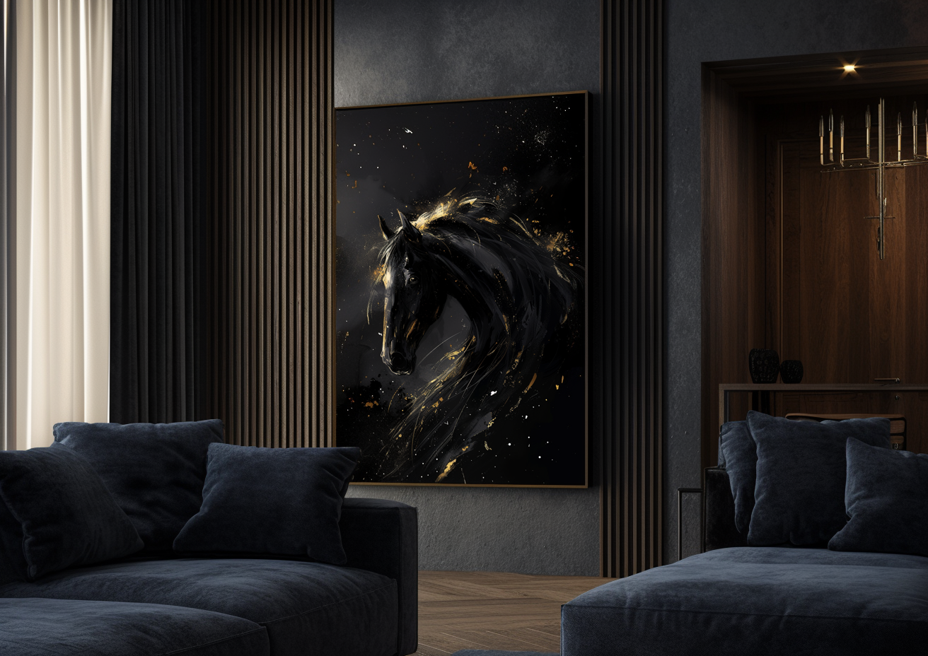 A Printable Copy of a Black Horse Painting with Liquid Gold Accents, Abstract Art, Equestrian Wall Decor, Black and Gold, Unique Artwork