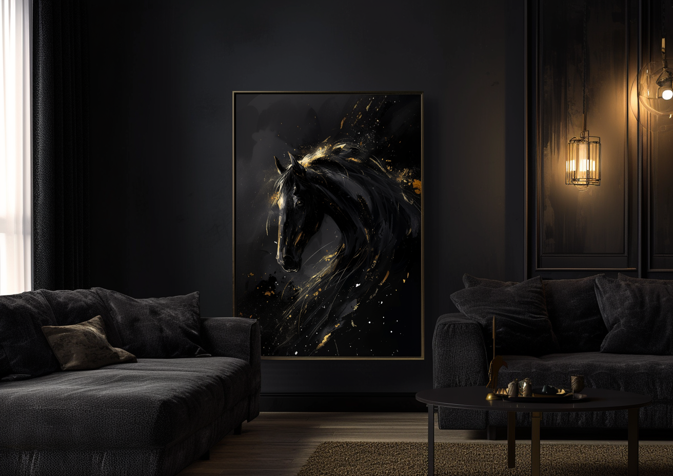 A Printable Copy of a Black Horse Painting with Liquid Gold Accents, Abstract Art, Equestrian Wall Decor, Black and Gold, Unique Artwork