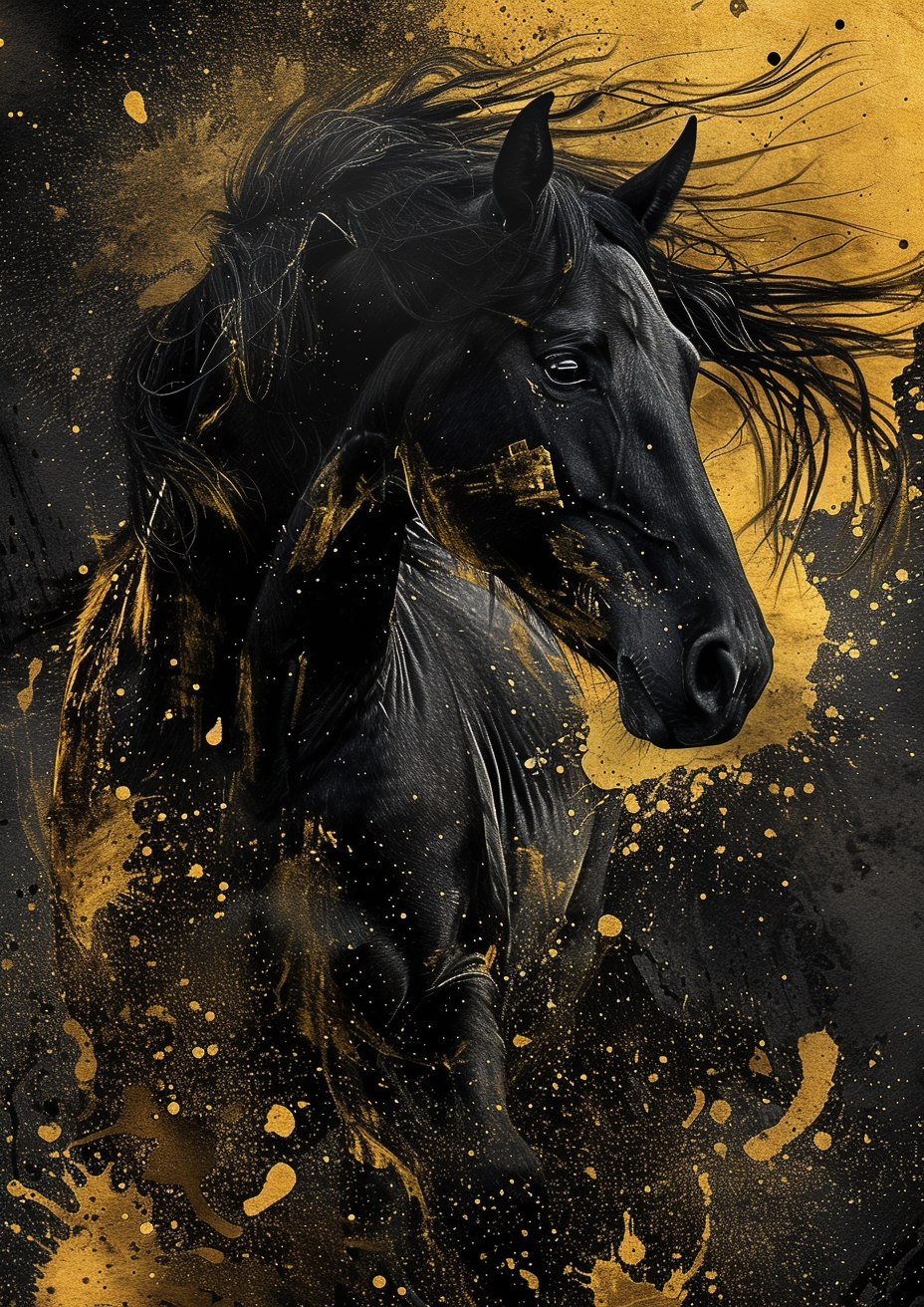 A Printable Copy of a Black Horse Painting, Sculpted Beauty,  Liquid gold,  Equine Wall Decor, Equestrian Gift