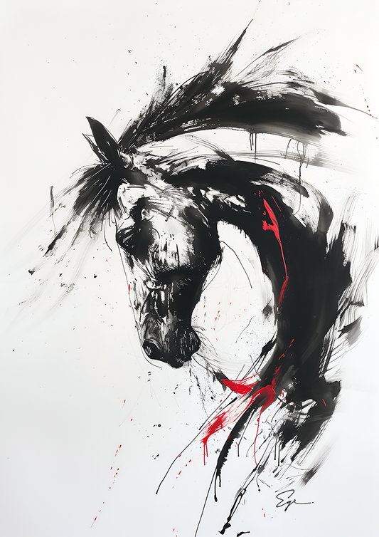 A printable Copy of Modern Horse Art with Abstract Flair, Bold Brush Strokes, Red Traces, Contemporary Equine Painting, Art Lover Gift