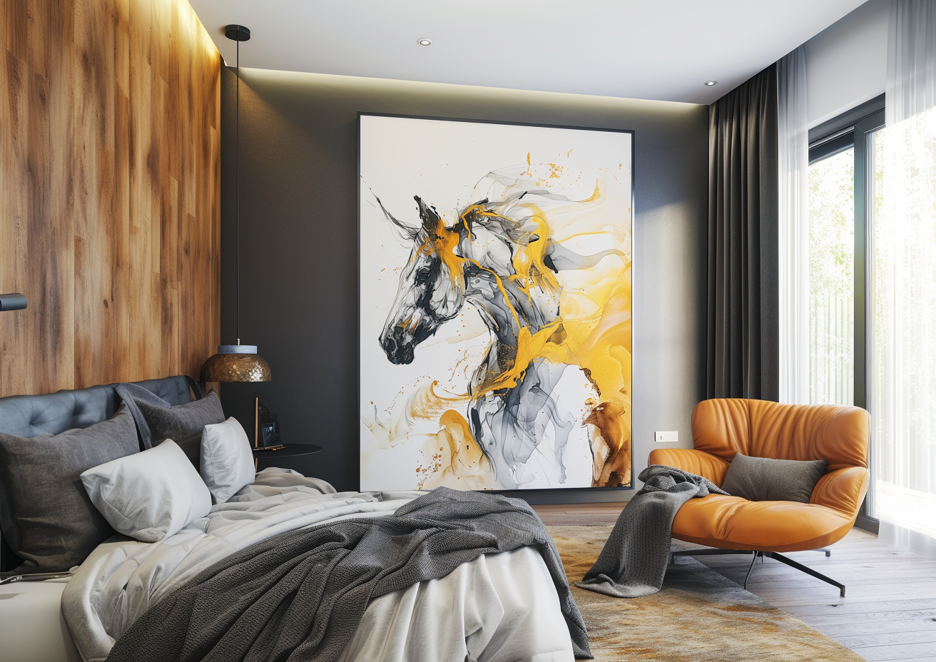 Abstract Horse Art in Alcohol Ink Style, Black And Grey With Yellow Accents, Expressionist Imagery, Modern Wall Decor, Unique Piece of Art