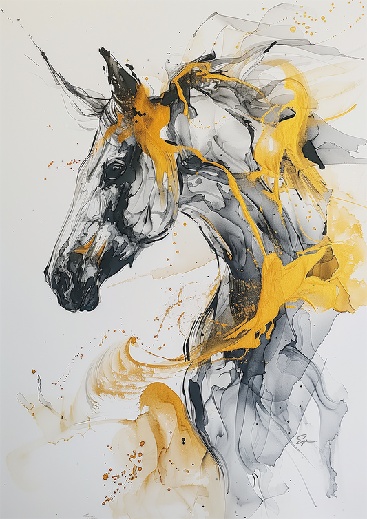 Abstract Horse Art in Alcohol Ink Style, Black And Grey With Yellow Accents, Expressionist Imagery, Modern Wall Decor, Unique Piece of Art