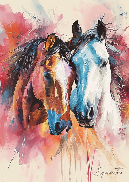 A Printable Copy of Abstract Horse Painting, Two Horses Artwork, Watercolor Equestrian Decor, Vibrant Colors, Wall Art, Horse Lover Gift