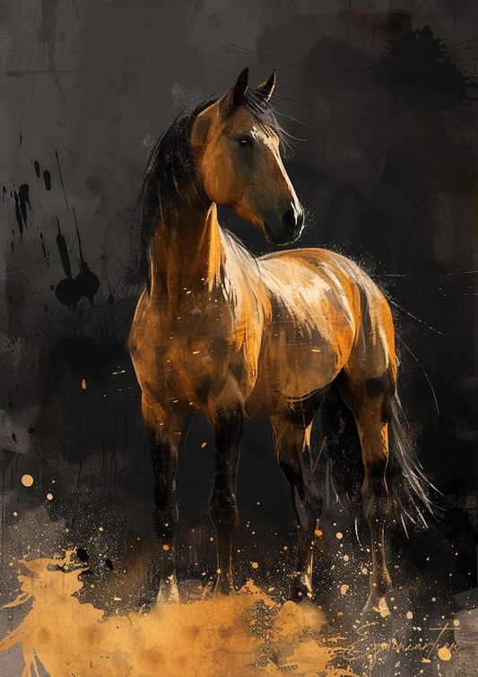 A printable Copy of a Golden Brown Horse, Abstract Painting, Black Background, Equestrian Decor