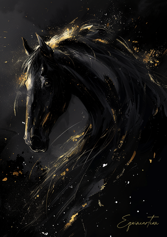 A Printable Copy of a Black Horse Painting with Liquid Gold Accents, Abstract Art, Equestrian Wall Decor, Black and Gold, Unique Artwork